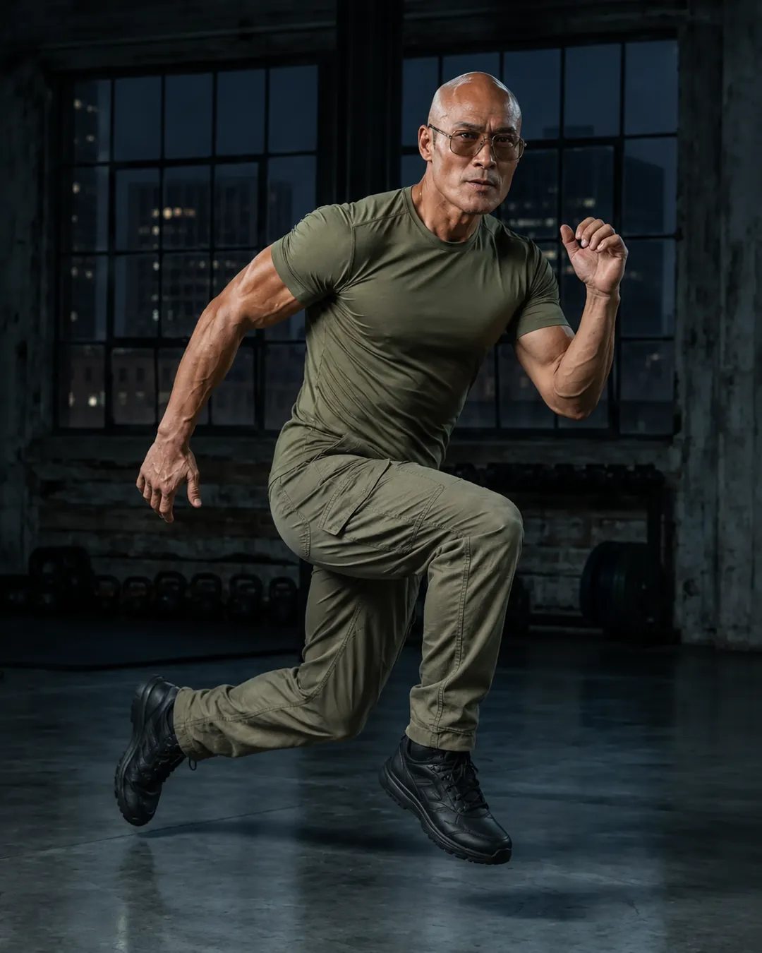 Deddy Corbuzier mengangkat dumbbell ke atas kepala sambil duduk di bangku gym.