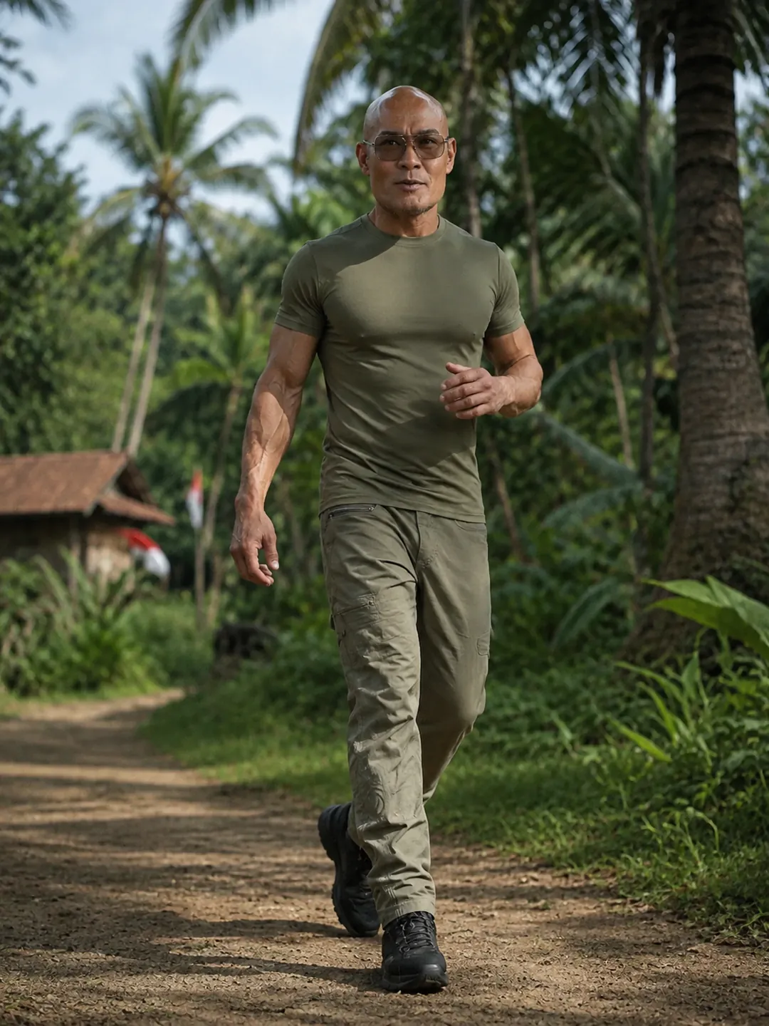 Deddy Corbuzier berjalan menyusuri dinding gym sambil membawa tas olahraganya.